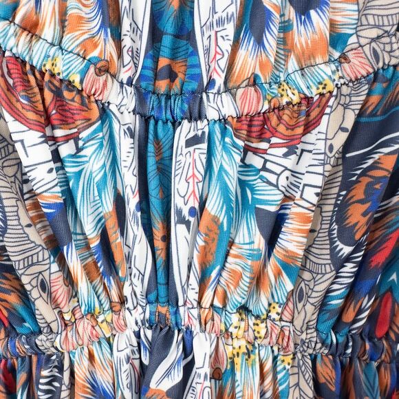 Boston Proper Royal Peacock Flare Sleeve Mini Dress Size Small Abstract Boho - Picture 5 of 16